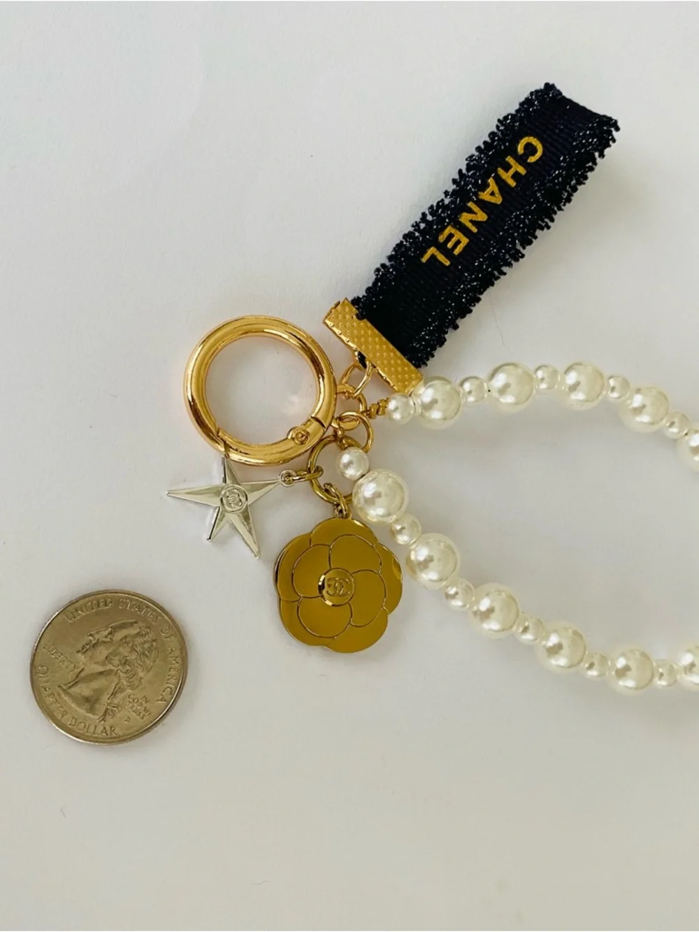 New Chanel VIP GWP Navy Metallic Ribbon Pearls Camellia Star Key Chain Bag Charm - Picture 7 of 8